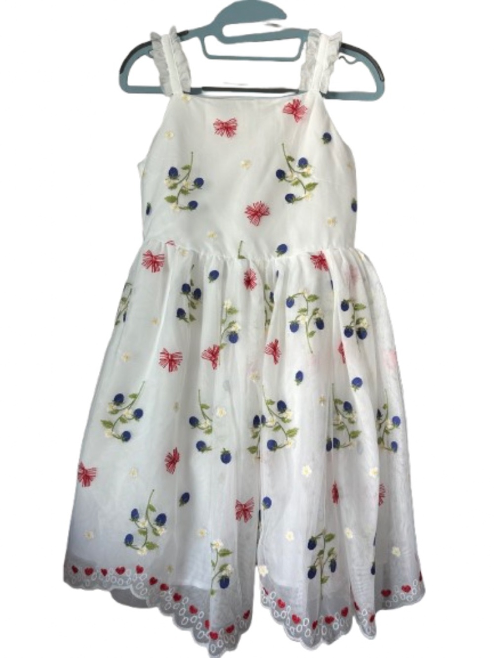 Kensie Girl Sz.14 White Strapped Dress with Red, Blue & Green Floral Embroidery